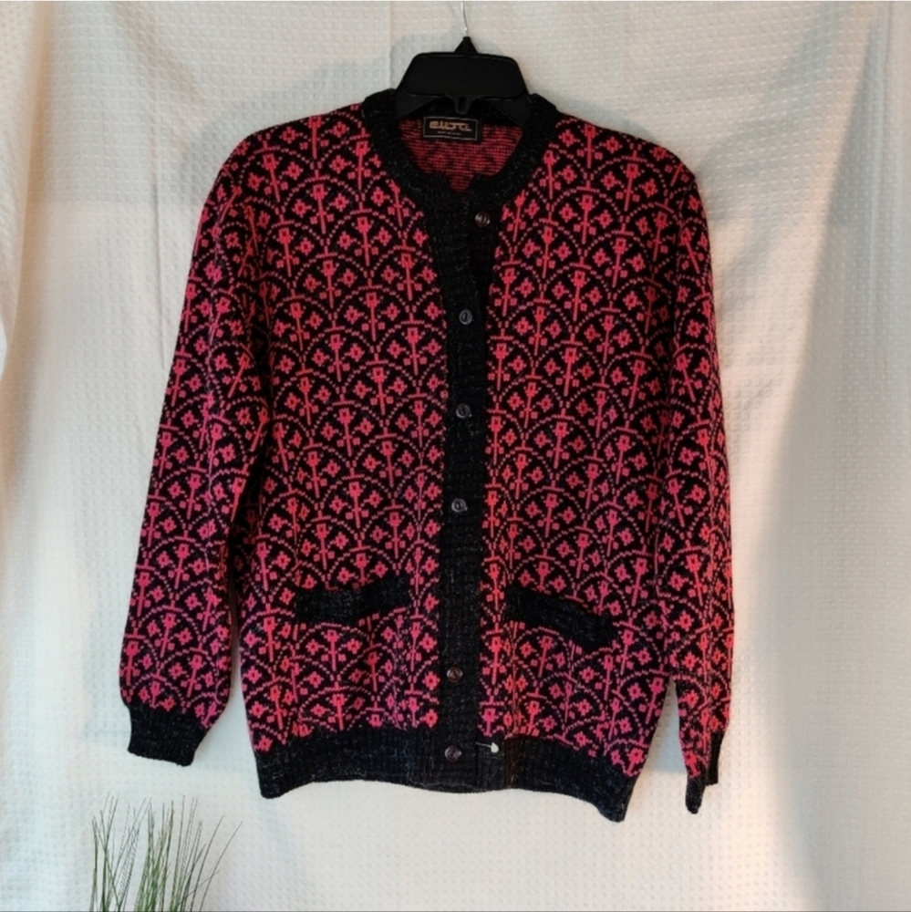 Women's Red and Black knitted Button Down Sweater from Mexico- Medium